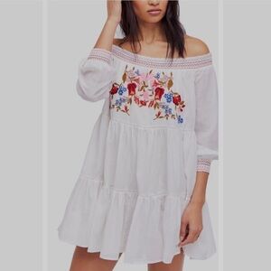 FREE PEOPLE SUNBEAM EMBROIDERED FLORAL OFF THE SHOULDER MINI DRESS MEDIUM IVORY